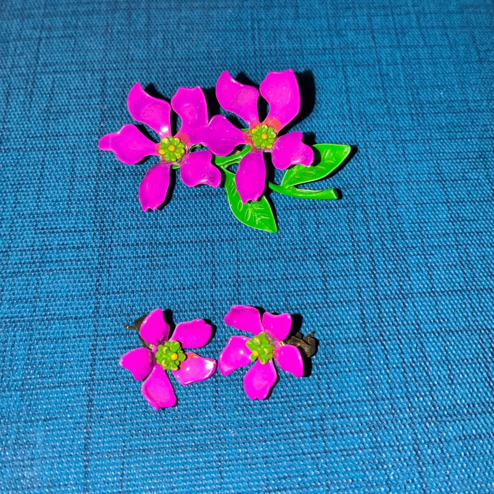 Pink Enamel Flower Brooch and Earring Set
